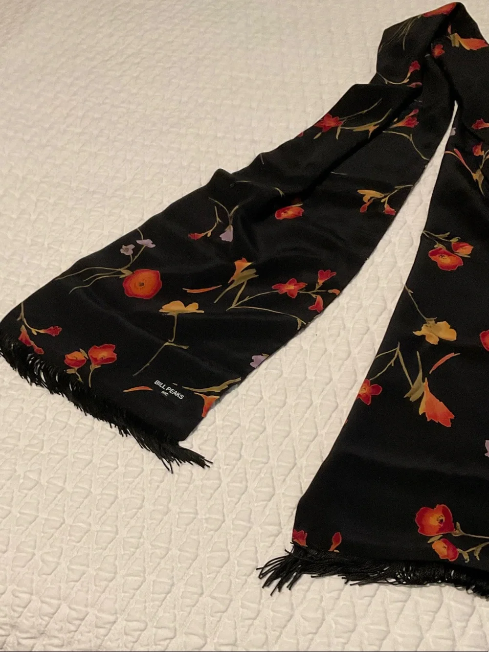 Vintage Bill  Peaks NYC Black Floral Scarf with Red, Orange & Gold Blooms